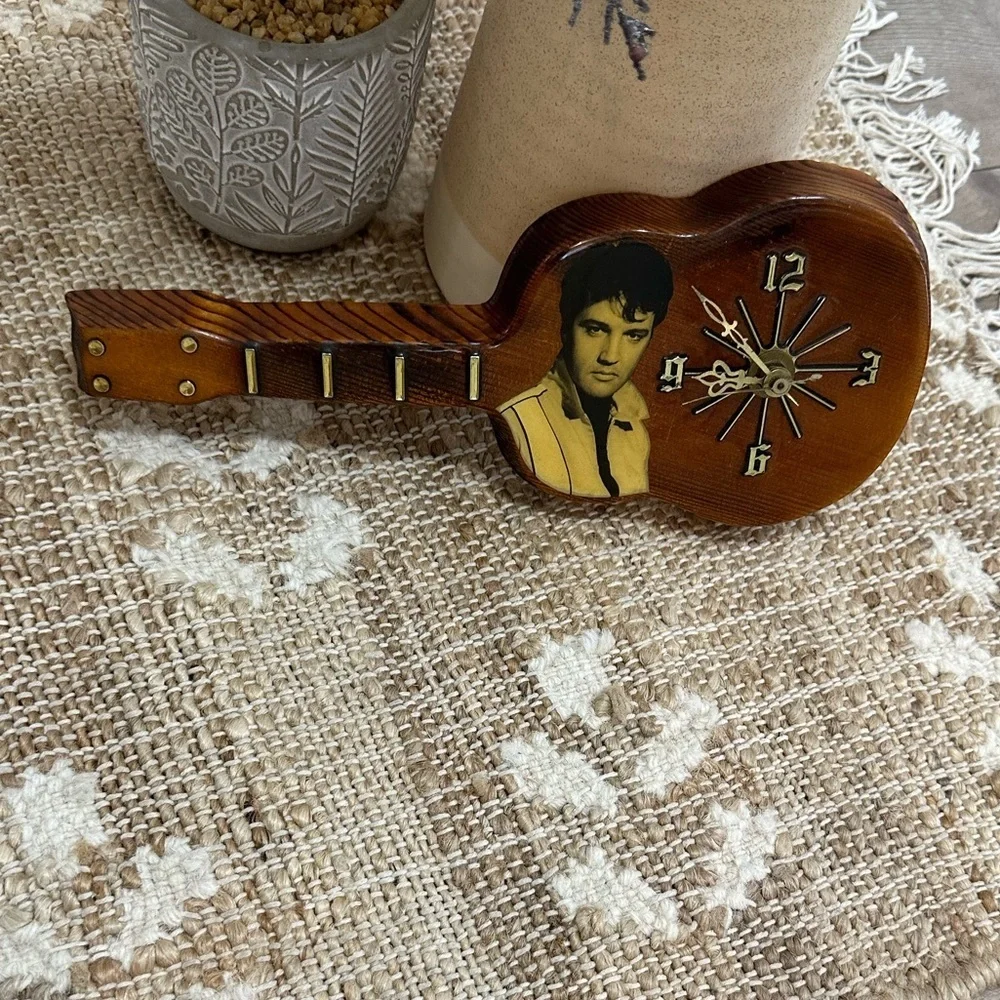 Vintage Elvis Presley Lacquered Wood Working Guitar Shaped Wall Clock
